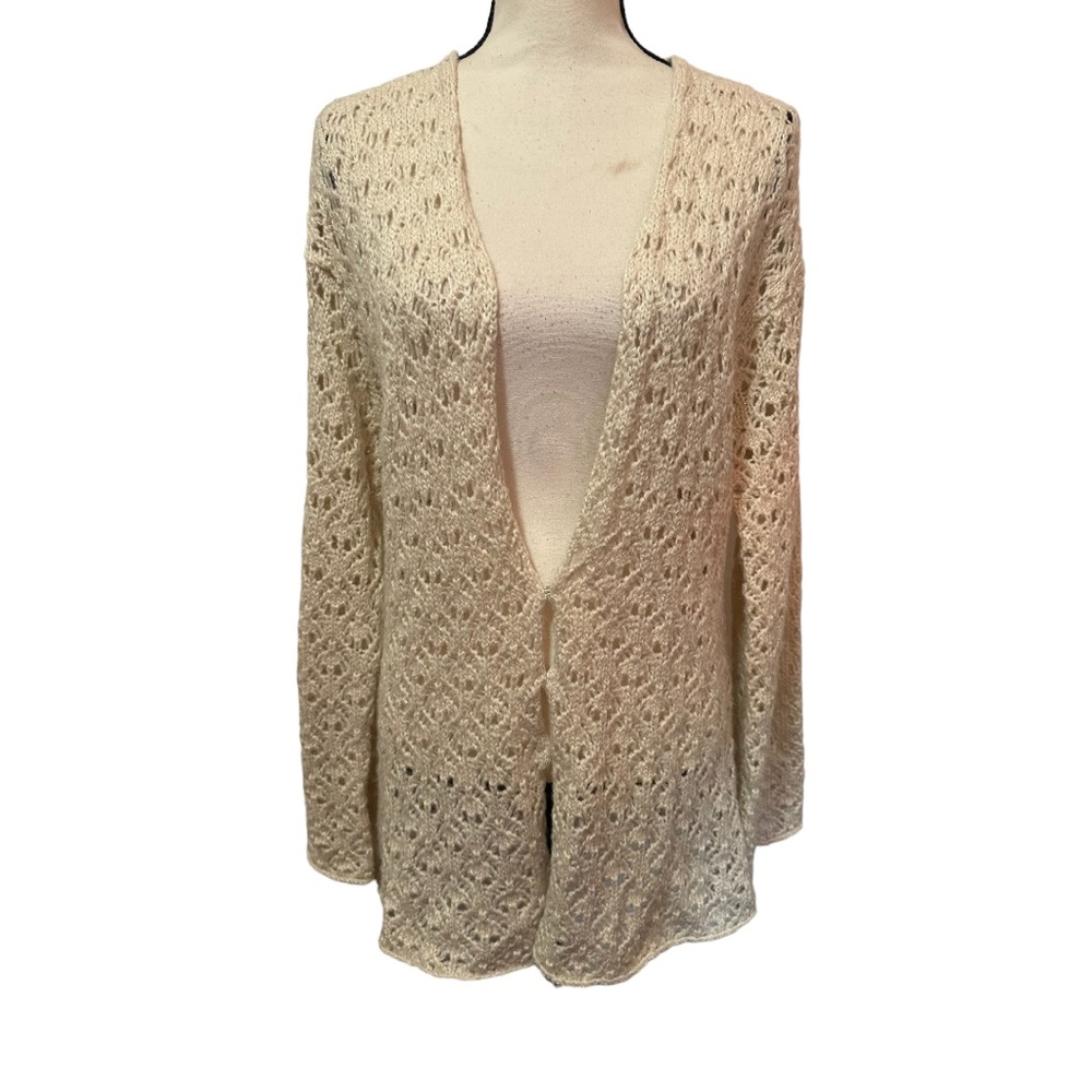 Charter club wool Cream Open Crochet cardigan women Sz M
